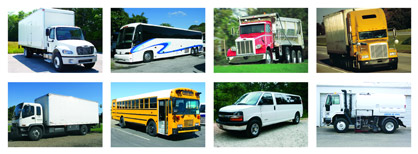 Diamond Fleet Services Repair Range showing tractor trailer, box trucks, vans, dump truck, bus, school, bus and street sweeper